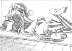  1girl absurdres akashi_(kantai_collection) ass blush eating food greyscale hair_ribbon hat highres kantai_collection kojima_takeshi long_hair looking_at_viewer looking_back lying monochrome on_stomach panties ribbon santa_costume santa_hat sketch thighhighs traditional_media tress_ribbon underwear 