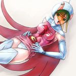  1girl battle_of_the_planets bird breasts elbow_gloves female g-force gatchaman gloves green_eyes green_hair helmet jun_the_swan lowres open_mouth panties skirt skirt_lift solo swan tatsunoko_production underwear 