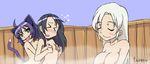  &gt;_&lt; animal_ears bad_id bad_pixiv_id bath black_hair blush breast_grab breasts cleavage closed_eyes grabbing green_eyes kyouran_kazoku_nikki large_breasts midarezaki_chika midarezaki_kyouka midarezaki_yuuka mother_and_daughter multiple_girls onsen open_mouth purple_hair siblings sisters smile tail taramo white_hair 