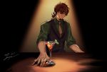  1boy alcohol alternate_costume bangs bar bartender black_background bottle brown_eyes brown_hair cup drinking_glass eyebrows_visible_through_hair facial_hair facial_mark fate_(series) goatee goya_(xalbino) hair_between_eyes hair_ribbon hector_(fate/grand_order) indoors light looking_at_viewer male_focus medium_hair ponytail ribbon shadow shiny shiny_hair shirt signature sleeves_rolled_up smile solo upper_body vest 