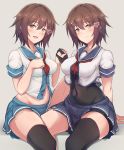  2girls absurdres black_bodysuit blue_sailor_collar blue_skirt bodysuit breasts brown_hair dual_persona elbow_gloves feet_out_of_frame furutaka_(kantai_collection) gloves grey_background hair_ornament hairclip highres kantai_collection medium_breasts multiple_girls pleated_skirt remodel_(kantai_collection) sailor_collar school_uniform serafuku short_hair simple_background single_elbow_glove single_thighhigh sitting skirt suisen_toire_(moko924) thighhighs 