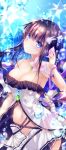  1girl armpits bare_arms bare_shoulders black_hair blue_eyes blurry breasts center_opening cleavage cowboy_shot crystal depth_of_field flower frills head_tilt kabocha_usagi large_breasts looking_at_viewer miniskirt navel original pink_flower purple_ribbon revealing_clothes ribbon shirt sidelocks skirt solo spaghetti_strap stomach white_shirt white_skirt 