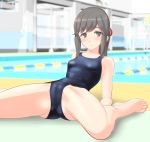  1girl absurdres barefoot blue_swimsuit breasts brown_eyes commentary_request grey_hair hair_ribbon highres kantai_collection long_hair old_school_swimsuit outdoors ponytail pool poolside ribbon school_swimsuit sitting small_breasts solo spread_legs swimsuit takafumi usugumo_(kantai_collection) wariza 
