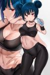  1girl bangs bare_shoulders black_choker black_pants blue_hair blush bottle breasts choker cleavage collarbone crop_top double_bun eyebrows_visible_through_hair eyelashes hands_up highres holding holding_bottle looking_at_viewer love_live! love_live!_sunshine!! medium_breasts midriff multiple_views navel pants parted_lips purple_eyes sidelocks simple_background sports_bra stomach sweat tem10 tsushima_yoshiko white_background wristband yoga_pants 