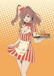  1girl alternate_costume apron bangs blue_eyes breasts brown_hair cleavage clothes_writing cup disposable_cup food highres holding holding_tray hot_dog kantai_collection large_breasts mikan_29344886 name_tag open_mouth orange_background ponytail red_scarf saratoga_(kantai_collection) scarf short_sleeves side_ponytail simple_background skirt_hold solo tray uniform waist_apron waitress white_apron 