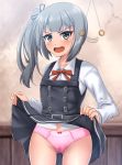  1girl ass_visible_through_thighs blurry brown_eyes cowboy_shot depth_of_field dress dress_lift grey_hair highres hypnosis indoors kantai_collection kasumi_(kantai_collection) lifted_by_self long_hair long_sleeves mind_control open_mouth panties pantyshot pendulum pinafore_dress pink_panties red_ribbon remodel_(kantai_collection) ribbon shirt side_ponytail solo underwear white_shirt zanntetu 