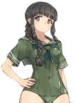  1girl adapted_costume alchera bangs black_eyes black_hair black_neckwear blunt_bangs braid commentary_request cowboy_shot green_sailor_collar green_serafuku green_swimsuit hair_ribbon hand_on_hip kantai_collection kitakami_(kantai_collection) long_hair neckerchief ribbon sailor_collar school_swimsuit school_uniform serafuku short_sleeves sidelocks simple_background single_braid solo swimsuit tress_ribbon white_background 