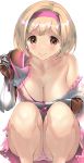  1girl bangs blonde_hair blush breasts brown_eyes cleavage collarbone commentary djeeta_(granblue_fantasy) granblue_fantasy hair_between_eyes hairband large_breasts looking_at_viewer naruse_hirofumi portrait short_hair simple_background smile solo thighs white_background 