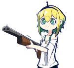  1girl aimusu amano_pikamee bare_shoulders black_hairband blonde_hair closed_mouth commentary_request green_eyes green_hair gun hairband holding holding_gun holding_weapon lowres multicolored_hair off-shoulder_shirt off_shoulder shirt short_sleeves shotgun simple_background solo standing tears trembling two-tone_hair upper_body virtual_youtuber voms weapon white_background white_shirt wide_sleeves 