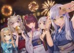  5girls 9a-91_(girls_frontline) aa-12_(girls_frontline) adjusting_hair ahoge bandaid bandaid_on_face blonde_hair blue_eyes blue_hairband blush bubble_tea cellphone covering_mouth cup drinking drinking_straw fireworks flower girls_frontline green_eyes hair_bun hair_flower hair_ornament hairband hairclip highres hk416_(girls_frontline) japanese_clothes kimono long_hair looking_at_viewer multiple_girls official_art phone purple_hair self_shot silver_hair suomi_kp31_(girls_frontline) v wa2000_(girls_frontline) whoisshe yukata 