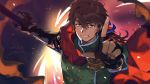  1boy aiming_at_viewer bangs blurry blurry_background bracer brown_eyes brown_hair cape collar facial_hair fate/grand_order fate_(series) fighting_stance fingerless_gloves gloves glowing goatee goya_(xalbino) hair_between_eyes hair_ribbon hector_(fate/grand_order) highres holding holding_weapon jewelry light looking_at_viewer male_focus medium_hair polearm ponytail red_cape ribbon signature solo teeth weapon 