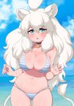  1girl :o animal_ear_fluff animal_ears ass_visible_through_thighs bell bell_choker big_hair bikini breasts cat_girl choker cleavage cowgirl_position day eyebrows_visible_through_hair eyes_visible_through_hair hair_between_eyes hands_up highres horizontal_stripes kemono_friends large_breasts lion_ears lion_girl lion_tail long_hair looking_at_viewer navel ocean open_mouth outdoors ransusan skindentation solo stomach straddling striped striped_bikini sweat swimsuit tail water white_hair white_lion_(kemono_friends) 