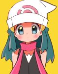  arms_at_sides beanie black_shirt blue_eyes blue_hair blush closed_mouth ears hair_ornament hat highres hikari_(pokemon) hyou_(hyouga617) layered_clothes long_hair looking_at_viewer neck pokemon red_scarf scarf shirt shoulders sleeveless sleeveless_shirt tareme upper_body white_headwear yellow_background 