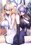  2girls ahoge bangs bare_shoulders black_dress black_gloves blonde_hair blue_eyes blush breasts chain cleavage closed_mouth collarbone dress elbow_gloves fate/apocrypha fate/grand_order fate_(series) flag gloves headpiece highres jeanne_d&#039;arc_(alter)_(fate) jeanne_d&#039;arc_(fate) jeanne_d&#039;arc_(fate)_(all) large_breasts long_hair looking_at_viewer multiple_girls navel navel_cutout ninoude_(ninoude44) revision silver_hair sitting smile thighs white_dress white_gloves yellow_eyes 