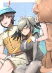  1boy 2girls =3 animal_ears arm_rest bare_arms bare_shoulders belt bird_wings black_gloves blush bodystocking breast_pocket brown_hair captain_(kemono_friends) closed_mouth collared_shirt dhole_(kemono_friends) dog_ears faceless faceless_male fingerless_gloves fur_collar gloves grey_hair grey_neckwear grey_shirt grey_shorts hair_over_one_eye hand_on_another&#039;s_head hand_up hat hat_feather head_wings highres huffing japari_symbol jealous john_(a2556349) kemono_friends kemono_friends_3 long_hair long_sleeves looking_at_another medium_hair multicolored_hair multiple_girls necktie open_mouth orange_hair petting pocket pout pouty_lips shirt shoebill_(kemono_friends) short_hair short_over_long_sleeves short_sleeves shorts sidelocks sitting skirt sleeveless sleeveless_shirt smile two-tone_hair wings yellow_eyes 