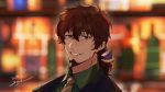  1boy alternate_costume bangs bar bartender blurry blurry_background bottle brown_eyes brown_hair cropped_shoulders eyebrows_visible_through_hair facial_hair facial_mark fate_(series) formal glowing glowing_eyes goatee goya_(xalbino) hair_ribbon hector_(fate/grand_order) light looking_at_viewer male_focus medium_hair necktie ponytail ribbon shadow shiny shiny_hair shirt signature smile solo upper_body vest 
