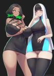  2girls bangs bare_shoulders black_background black_dress black_hair black_legwear blue_dress blue_eyes blunt_bangs blush breasts carbon12th closed_mouth covered_navel covered_nipples dress glowing glowing_eyes green_eyes green_hair highres huge_breasts licking_lips long_hair looking_at_viewer medium_breasts microsoft multicolored multicolored_clothes multicolored_dress multiple_girls original parted_lips playstation_5 pussy short_hair simple_background smile sony symbol-shaped_pupils thighhighs thighs tongue tongue_out upskirt white_hair x_x xbox_series_x 