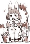  2020 anthro breasts clothed clothing crouching female flower_pot kemono lagomorph leporid mammal monochrome plant rabbit setouchi_kurage sketch solo watering_can 