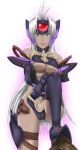  1girl breasts cleavage cyborg dark_skin elbow_gloves gloves highres large_breasts long_hair looking_at_viewer silver_hair smile solo t-elos thighhighs underboob very_long_hair xenosaga xenosaga_episode_iii yoshida_keiji 