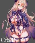 1girl ass_visible_through_thighs belt blonde_hair breasts collar contrapposto crotch_zipper demon_girl eyebrows_visible_through_hair green_eyes hair_between_eyes head_tilt horns huge_breasts long_hair navel original pointy_ears simple_background solo succubus suerte tail thigh_strap thighhighs title zipper 
