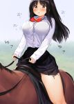  1girl black_hair black_panties black_skirt blush bow bowtie breasts brown_eyes collared_shirt commentary_request dress_shirt eyebrows_visible_through_hair horse horseback_riding kaisen_chuui large_breasts long_hair long_sleeves miniskirt original panties red_bow red_neckwear reins riding saddle school_uniform shirt side-tie_panties sitting skirt solo underwear white_shirt 