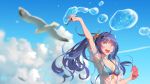  ai-chan_(playstation) arm_up bikini bikini_top bird blue_hair bubble bubble_blowing cloud d-pad d-pad_hair_ornament green_eyes hair_ornament happy highres laughing looking_to_the_side original purple_hair seagull see-through shirt smile sony swimsuit twintails vofan 