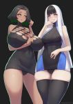  2girls bangs bare_shoulders black_background black_dress black_hair black_legwear black_panties blue_dress blue_eyes blunt_bangs blush breasts carbon12th closed_mouth covered_navel dress green_eyes green_hair highres huge_breasts licking_lips long_hair looking_at_viewer medium_breasts microsoft multicolored multicolored_clothes multicolored_dress multiple_girls original panties parted_lips playstation_5 short_hair simple_background smile sony symbol-shaped_pupils thighhighs thighs tongue tongue_out underwear upskirt white_hair x_x xbox_series_x 