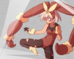  1girl :o animal_ears bangs bare_shoulders bow breasts bunny_ears bunny_girl bunnysuit commentary_request cosplay covered_navel eyelashes gen_4_pokemon gloves grey_background grey_hair gym_leader hair_between_eyes highres kurachi_mizuki leg_lift leotard lopunny mega_lopunny mega_lopunny_(cosplay) mega_pokemon open_mouth pokemon pokemon_(game) pokemon_swsh saitou_(pokemon) short_hair silver_eyes sleeveless solo sweat yellow_bow 