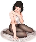  1girl absurdres aikawa_ren bangs bare_shoulders bed black_hair breasts brown_eyes chinese_commentary collarbone commentary eyebrows highres indoors large_breasts miru_tights naked_sheet navel open_mouth pantyhose short_hair solo teeth thighband_pantyhose thighs tongue topless yin-ting_tian 