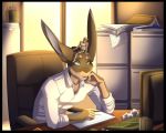 anthro big_ears carrying clothed clothing human lagomorph larger_anthro leporid male male/male mammal micro office on_head rabbit russec size_difference smaller_human smile topless ziggie13 