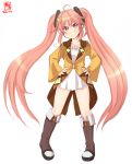  1girl =3 ahoge aihara_enju aihara_enju_(cosplay) alternate_hairstyle artist_logo black_bullet boots brown_coat brown_footwear coat commentary_request cosplay crescent crescent_hair_ornament dated dress full_body hair_ornament hands_on_hips highres kanon_(kurogane_knights) kantai_collection long_hair looking_at_viewer pigeon-toed pink_eyes pink_hair simple_background solo standing twintails uzuki_(kantai_collection) white_background white_dress 