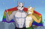  2020 abs anthro anthro_on_anthro brown_body brown_fur canid canine canis clothed clothing confetti crowd digital_media_(artwork) duo eye_patch eyewear flag fox fox_mccloud fur green_eyes grey_body grey_fur group hi_res jrjresq larger_male lgbt_pride looking_at_viewer male male/male mammal muscular muscular_male nintendo nipples one_eye_closed outside pecs pride_colors rainbow_flag rainbow_pride_flag rainbow_symbol red_eyes simple_background size_difference smaller_male smile standing star_fox video_games wink wolf wolf_o&#039;donnell 