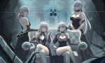 4girls absurdres ak-12_(girls_frontline) ak-15_(girls_frontline) an-94_(girls_frontline) arm_support armlet backless_dress backless_outfit bangs bare_shoulders braid breasts changpan_hutao cleavage closed_mouth collarbone couch cross cross_necklace crossed_legs defy_(girls_frontline) dress earrings elbow_gloves evening_gown eyebrows_visible_through_hair french_braid girls_frontline gloves glowing glowing_eyes green_eyes hair_between_eyes hair_ornament hair_over_one_eye hair_ribbon hair_tubes hairclip halterneck highres huge_filesize jewelry large_breasts long_hair looking_at_viewer multiple_girls necklace one_eye_closed pale_skin purple_eyes ribbon rpk-16_(girls_frontline) sidelocks silver_hair sitting smile standing thighs 