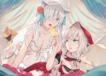  2girls all_fours anastasia_(fate/grand_order) animal_ear_fluff animal_ears bangs bare_shoulders beads bikini blue_eyes blue_ribbon blush breasts cleavage cloak collarbone curtains doll fang fate/grand_order fate_(series) flower food hair_flower hair_ornament hair_over_one_eye hair_ribbon hairband heroic_spirit_festival_outfit hood hood_up hooded_cloak inaeda_kei large_breasts long_hair marie_antoinette_(fate/grand_order) medium_breasts multiple_girls on_bed open_mouth pillow popsicle red_cloak ribbon rose sarong silver_hair smile swimsuit thighs veil very_long_hair viy white_bikini wolf_ears 