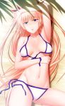  1girl arm_up armpits bangs bikini blonde_hair blue_eyes breasts christiane_friedrich cleavage eyebrows_visible_through_hair from_above front-tie_bikini front-tie_top groin hair_between_eyes hair_ribbon ikki_(tue_sein_bestes) long_hair lying maji_de_watashi_ni_koi_shinasai! medium_breasts mole mole_under_eye navel on_back open_mouth purple_ribbon red_ribbon ribbon side-tie_bikini solo swimsuit underboob untied untied_bikini very_long_hair white_bikini 