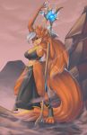  anthro bakuhaku big_breasts blue_eyes breasts canid canine chest_tuft cleavage clothed clothing energy female fox fur hi_res loincloth mammal muscular muscular_female orange_body orange_fur outside solo staff tuft 
