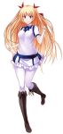  1girl bangs blonde_hair blue_ribbon boots bow brown_footwear christiane_friedrich closed_mouth collared_shirt eyebrows_visible_through_hair frilled_skirt frills full_body hair_between_eyes hair_bow highres ikki_(tue_sein_bestes) knee_boots long_hair looking_at_viewer maji_de_watashi_ni_koi_shinasai! miniskirt mole mole_under_eye neck_ribbon pantyhose purple_eyes red_bow ribbon shirt short_sleeves simple_background skirt smile solo standing standing_on_one_leg twintails very_long_hair vest white_background white_legwear white_shirt white_skirt white_vest wing_collar 