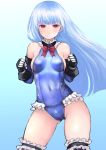  1girl ass_visible_through_thighs blue_background blue_hair blue_leotard breasts cameltoe clenched_hands covered_navel garters groin highres johan_(johan13) kula_diamond leotard long_hair red_eyes sideboob simple_background solo the_king_of_fighters thighhighs thighs 