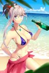  &gt;:) 1girl asymmetrical_hair bangs beach bikini blue_bikini blue_sky blush bottle breasts cleavage closed_mouth cloud commentary_request cowboy_shot day earrings eyebrows_visible_through_hair fate/grand_order fate_(series) hair_ornament hand_on_hip highres holding holding_bottle horizon jewelry large_breasts long_hair looking_at_viewer magatama_necklace miyamoto_musashi_(fate/grand_order) navel non_(nonzile) ocean outdoors ponytail sarong silver_hair sky smile solo stomach swimsuit v-shaped_eyebrows water 