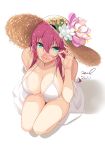  1girl azur_lane bad_perspective bikini breasts collarbone dated eyebrows_visible_through_hair flower flower_hat from_above green_eyes hat kneeling large_breasts long_hair looking_at_viewer red_hair signature simple_background solo straw_hat sunglasses surcouf_(azur_lane) surcouf_(loisirs_balneaires)_(azur_lane) swimsuit unel white_background white_bikini 