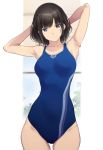  1girl armpits arms_behind_head bangs black_hair blue_eyes blue_swimsuit breasts collarbone commentary_request competition_swimsuit cowboy_shot looking_at_viewer medium_breasts nijisanji nozomi-y one-piece_swimsuit short_hair smile solo suzuka_utako swimsuit virtual_youtuber 