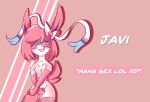  anthro anthrofied armwear breasts clothing covering covering_breasts covering_crotch eeveelution english_text eyewear female fur glasses hi_res jaspixie legwear nintendo nude pink_body pink_fur pok&eacute;mon pok&eacute;mon_(species) pok&eacute;morph simple_background smug_grin solo sylveon text video_games 