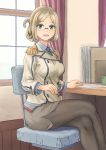 1girl bangs chair collared_shirt commentary_request crossed_legs desk double-breasted epaulettes feet_out_of_frame folded_ponytail glasses gloves green_eyes highres indoors jacket kantai_collection katori_(kantai_collection) light_brown_hair looking_at_viewer military military_uniform necktie pantyhose parted_bangs pencil_skirt pointer rimless_eyewear shirt sitting skirt smile solo taruya uniform white_gloves window 