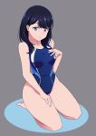  1girl black_hair blue_eyes breasts competition_swimsuit cowboy_shot grey_background kneeling long_hair looking_at_viewer medium_breasts one-piece_swimsuit rizuta simple_background solo ssss.gridman straight_hair swimsuit takarada_rikka 