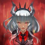  1girl bangs blunt_bangs breasts business_suit face fangs formal glowing glowing_eyes helltaker highres horns indy_k large_breasts long_hair looking_at_viewer lucifer_(helltaker) mole mole_under_eye necktie neckwear red_eyes red_shirt shirt solo suit white_hair white_horns 