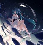  1girl air_bubble antenna_hair aqua_hair back_bow bare_legs bare_shoulders barefoot black_bow black_choker blue_bow blue_eyes bow breasts bubble choker cleavage closed_mouth collarbone detached_sleeves dress fish flower full_body hair_bow hatsune_miku highres hua_ben_wuming in_bubble long_hair petals rose short_sleeves small_breasts solo strapless strapless_dress twintails underwater very_long_hair vocaloid white_dress white_flower white_rose 