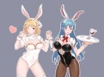  2girls absurdres animal_ears blonde_hair blue_hair blush breasts bunny_ears bunny_tail bunnysuit cleavage covered_navel cup djeeta_(granblue_fantasy) drinking_glass flower granblue_fantasy grey_background hair_flower hair_ornament heart highres holding_hands large_breasts multiple_girls pantyhose sage_(granblue_fantasy) tail therese_(granblue_fantasy) tray unkobako wine_glass wrist_cuffs 
