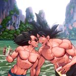  2boys abs bara black_eyes black_hair chest couple cup dragon_ball dragon_ball_z drinking_glass drinking_straw highres holding_hands looking_at_another male_focus manly multiple_boys muscle nipples noses_touching open_mouth pectorals saiyan smile son_gokuu spiked_hair sunglasses supobi swimsuit toned toned_male upper_body vegeta water yaoi 