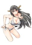  1girl bikini black_hair breasts brown_eyes cleavage collarbone commentary_request cropped_legs hair_ornament hairband hairclip haruna_(kantai_collection) headgear highres itachou kantai_collection leaning_forward long_hair looking_at_viewer medium_breasts side-tie_bikini simple_background solo striped striped_bikini swimsuit twitter_username white_background 