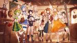  6+girls absurdres animal_ears animare apron arm_up armpits blush cafe chair closed_eyes commentary_request door duster hashiba_natsumi highres hinokuma_ran inaba_haneru kazami_kuku long_hair multiple_girls object_on_head official_art one_eye_closed open_mouth shiromiya_mimi short_hair souya_ichika standing_on_object tray virtual_youtuber yunohara_izumi 